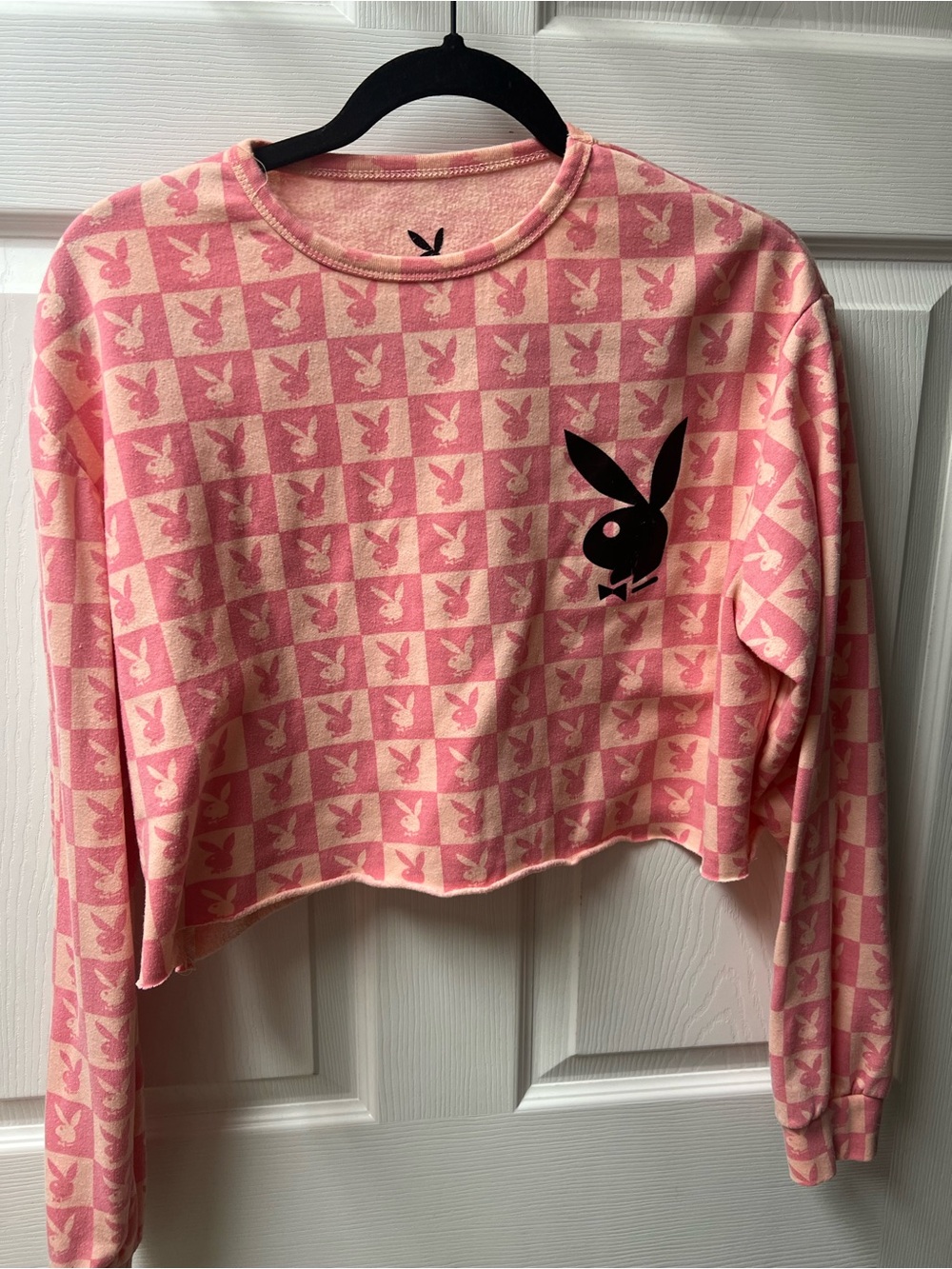 PLAYBOY Pink Checkerboard Cropped Hoodie with Black Bunny Logo